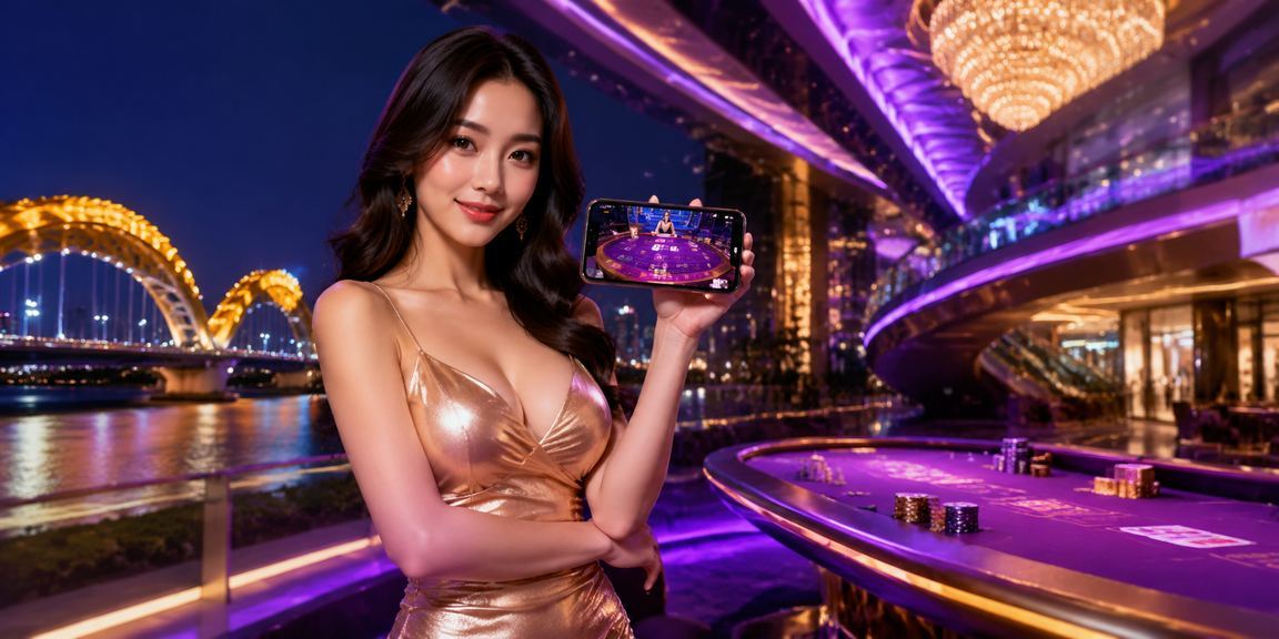Cảnh đêm Đà Nẵng với người chơi baccarat online qua thiết bị di động dưới ánh đèn neon