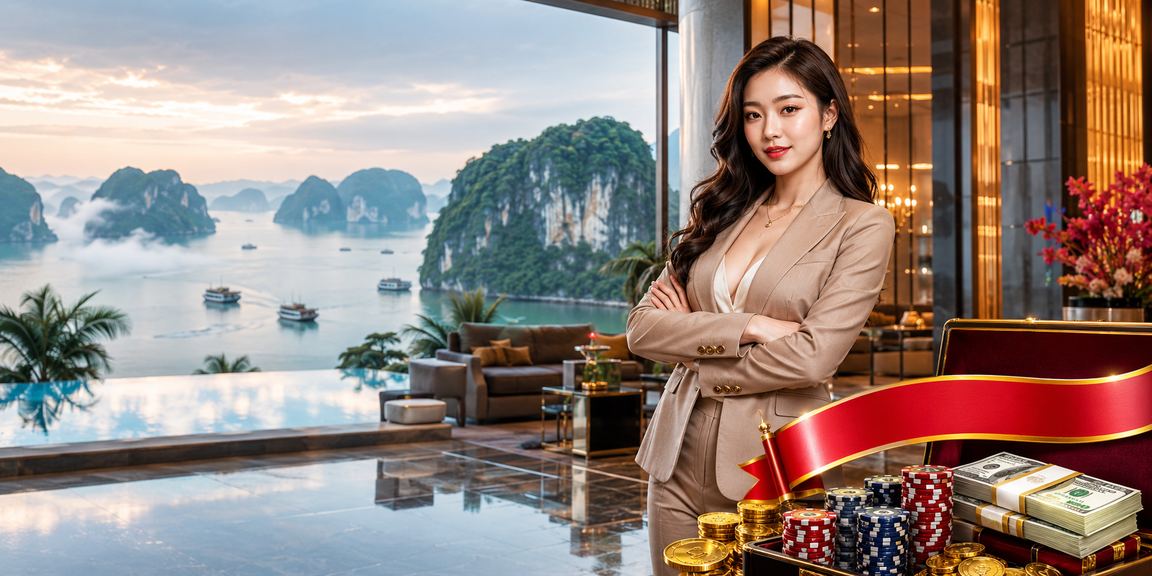 Người dùng phân tích kèo bóng đá trên điện thoại với tầm nhìn vịnh Hạ Long phía sau